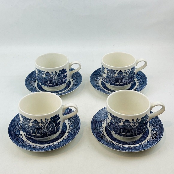 Churchill Blue Willow‎ Large Flat Cup Saucer Set Lot of 4 England Georgian Shape - Picture 1 of 16